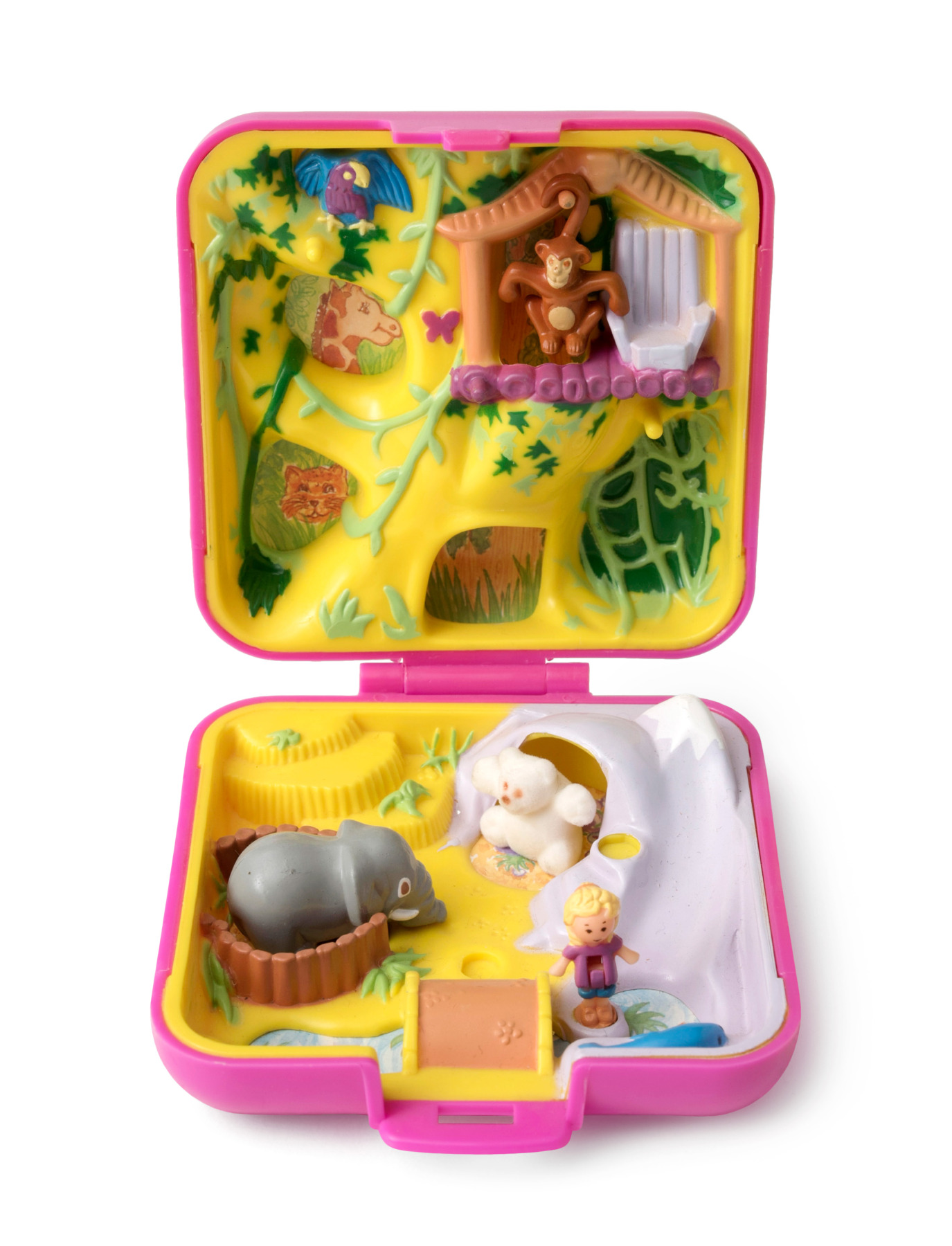 Pinkes Polly Pocket-Spielset mit "exotischen" Thema mit stereotypen "afrikanischen" Tierfiguren.