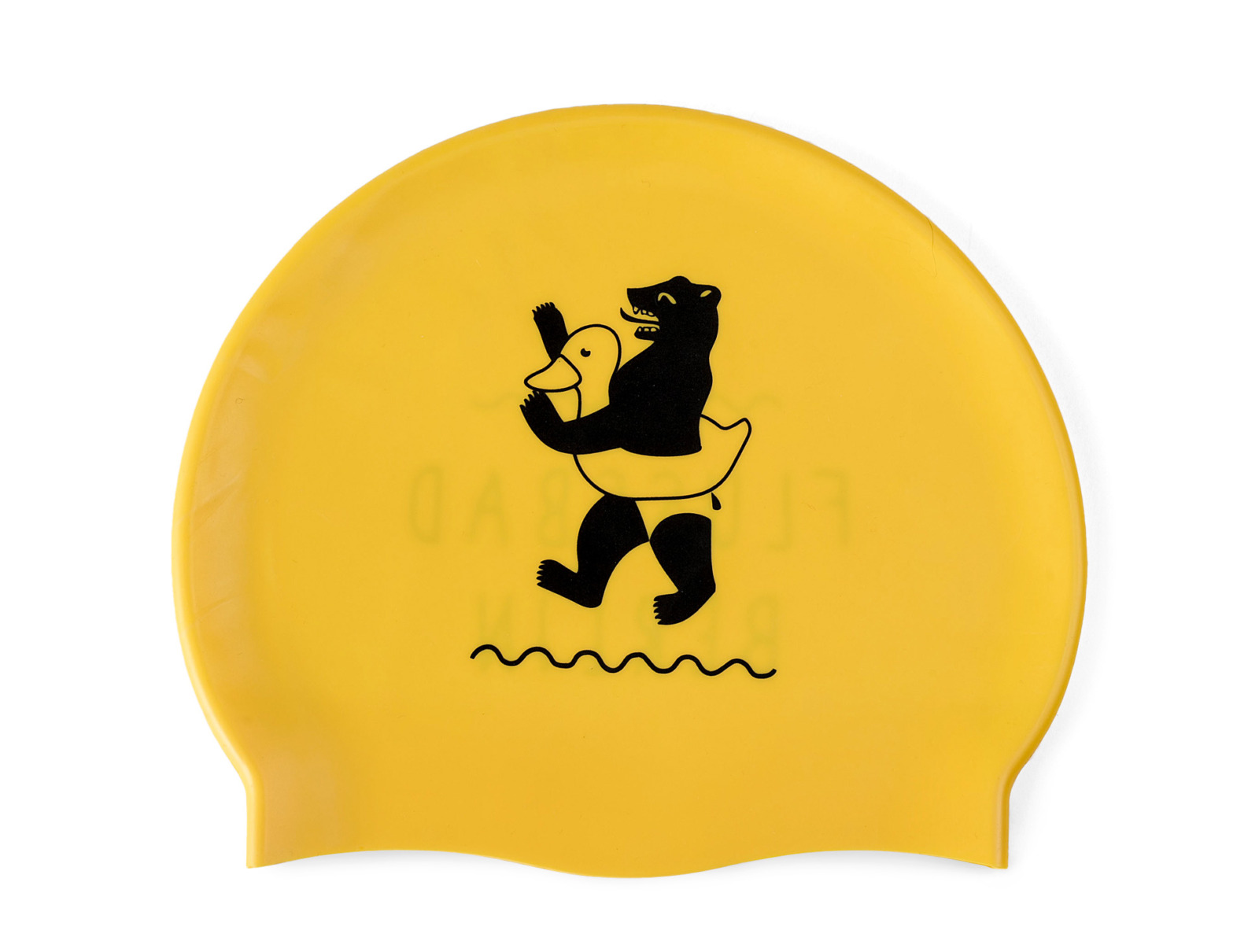Gelbe Badekappe mit Logo des Flussbad Berlins