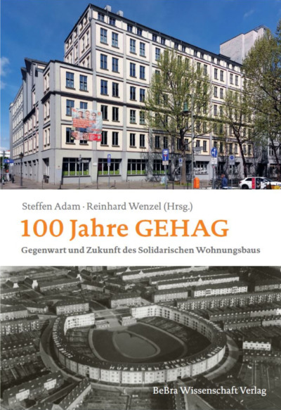 Buchcover der kommenden Publikation mit zwei Fotos: ein Gebäude an einer Straße und ein Luftbild der Hufeisensiedlung.