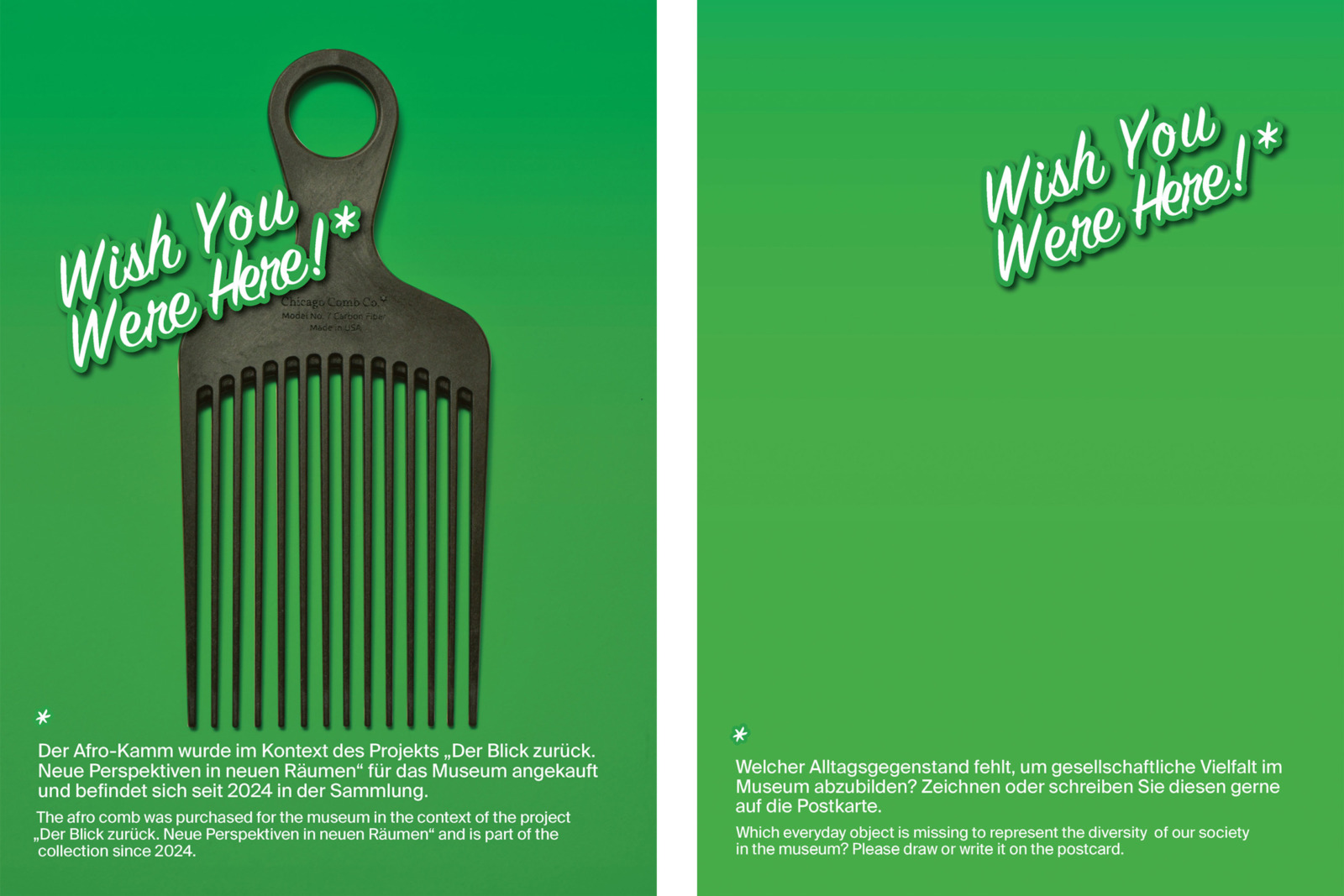 Zwei Postkarten nebeneinander mit Schriftzug "wish you were here!". Die linke Postkarte zeigt ein Afro-Kamm, die rechte ist blanko.