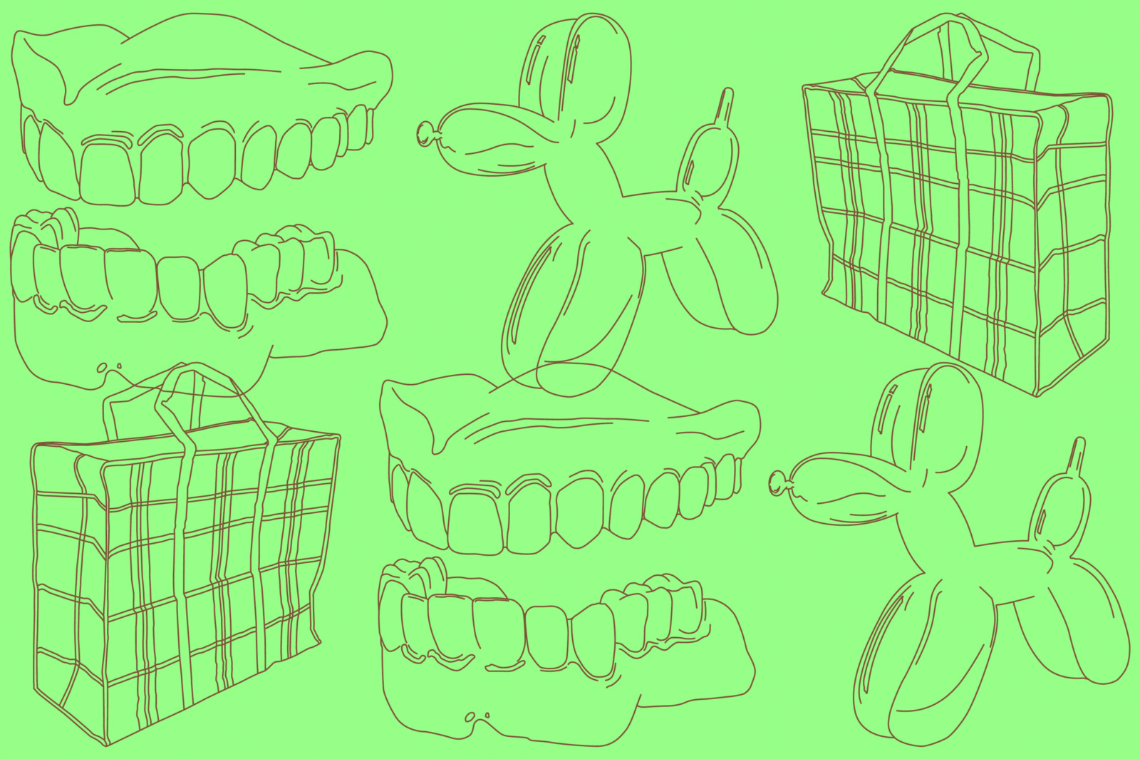 Drei sich wiederholende Motive in zwei Reihen übereinander: eine gekachelte Einkaufstüte, ein Gebiss, ein Hund aus Luftballon