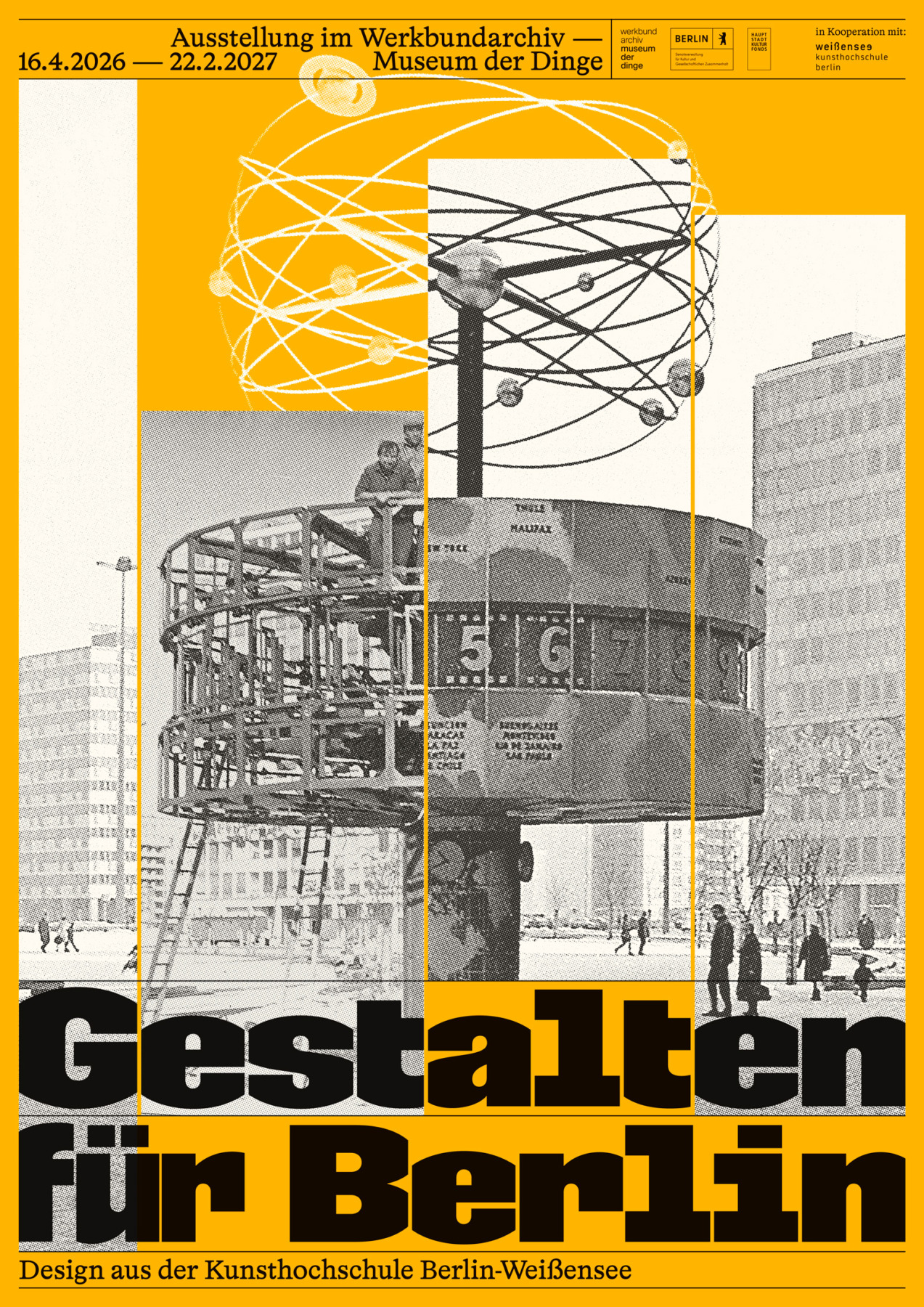 Collage mit historischen schwarz-weißen Bildern der Weltzeituhr vor einem gelb-orangenen Hintergrund