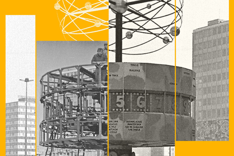 Collage mit historischen schwarz-weißen Bildern der Weltzeituhr vor einem gelb-orangenen Hintergrund