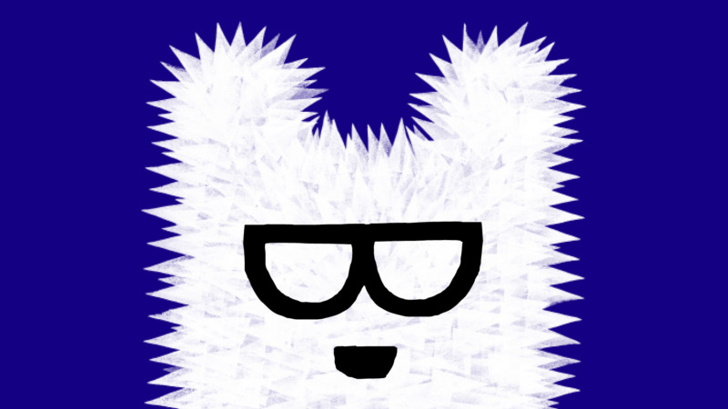 Stempel-Zeichnung eines Eisbärs mit Brille vor einem dunkelblauen Hintergrund