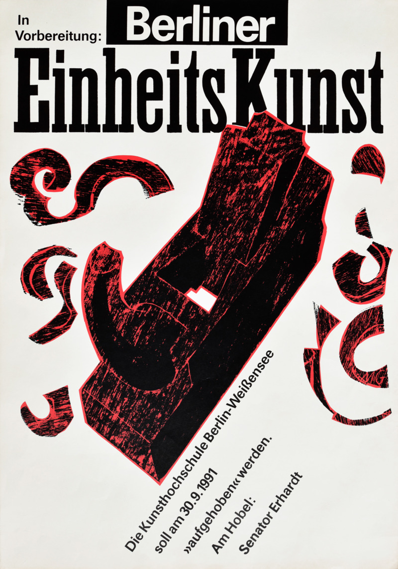 Historisches Plakat „Berliner EinheitsKunst“ mit einer rot-schwarzen Grafik eines Hobels und Text zur angekündigten Schließung der Kunsthochschule Berlin-Weißensee