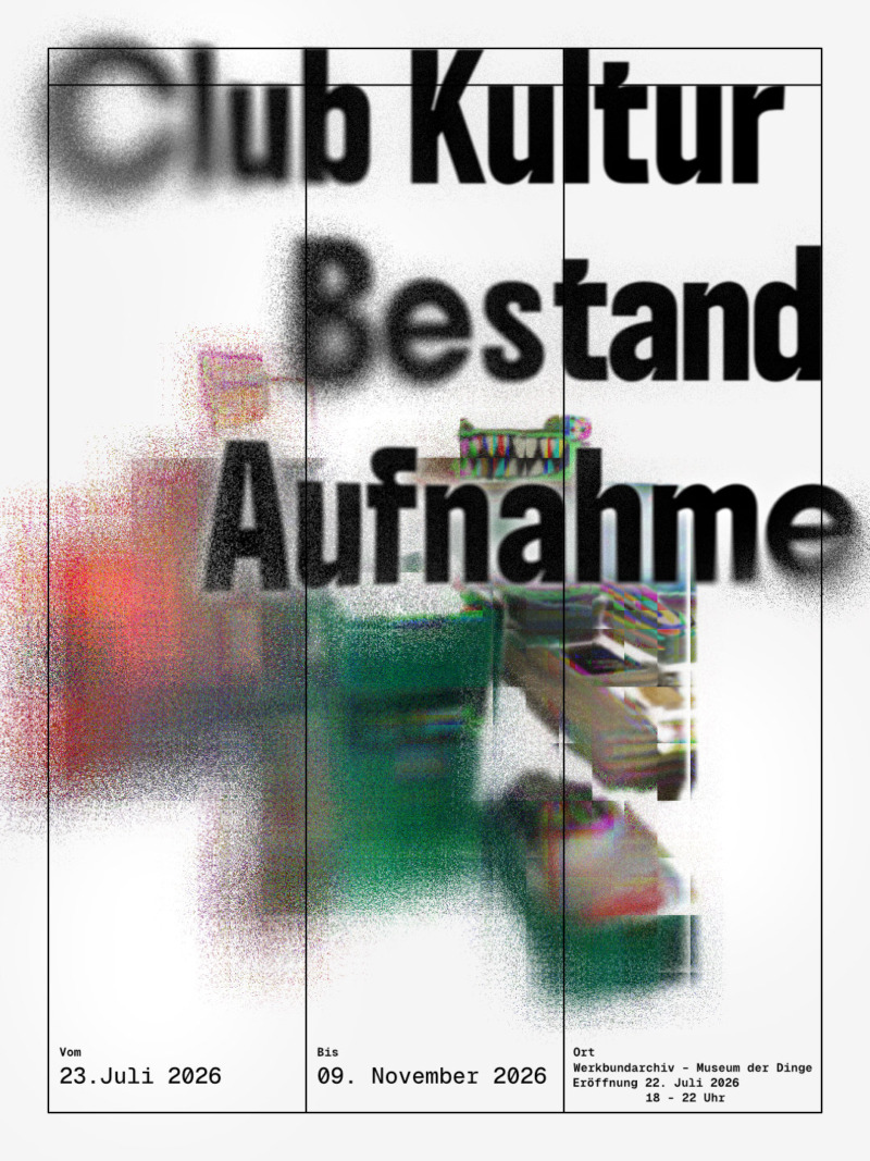 Collage mit bunten, sich auflösenden abstrakten Formen und dem Titel Club Kultur Bestand Aufnahme